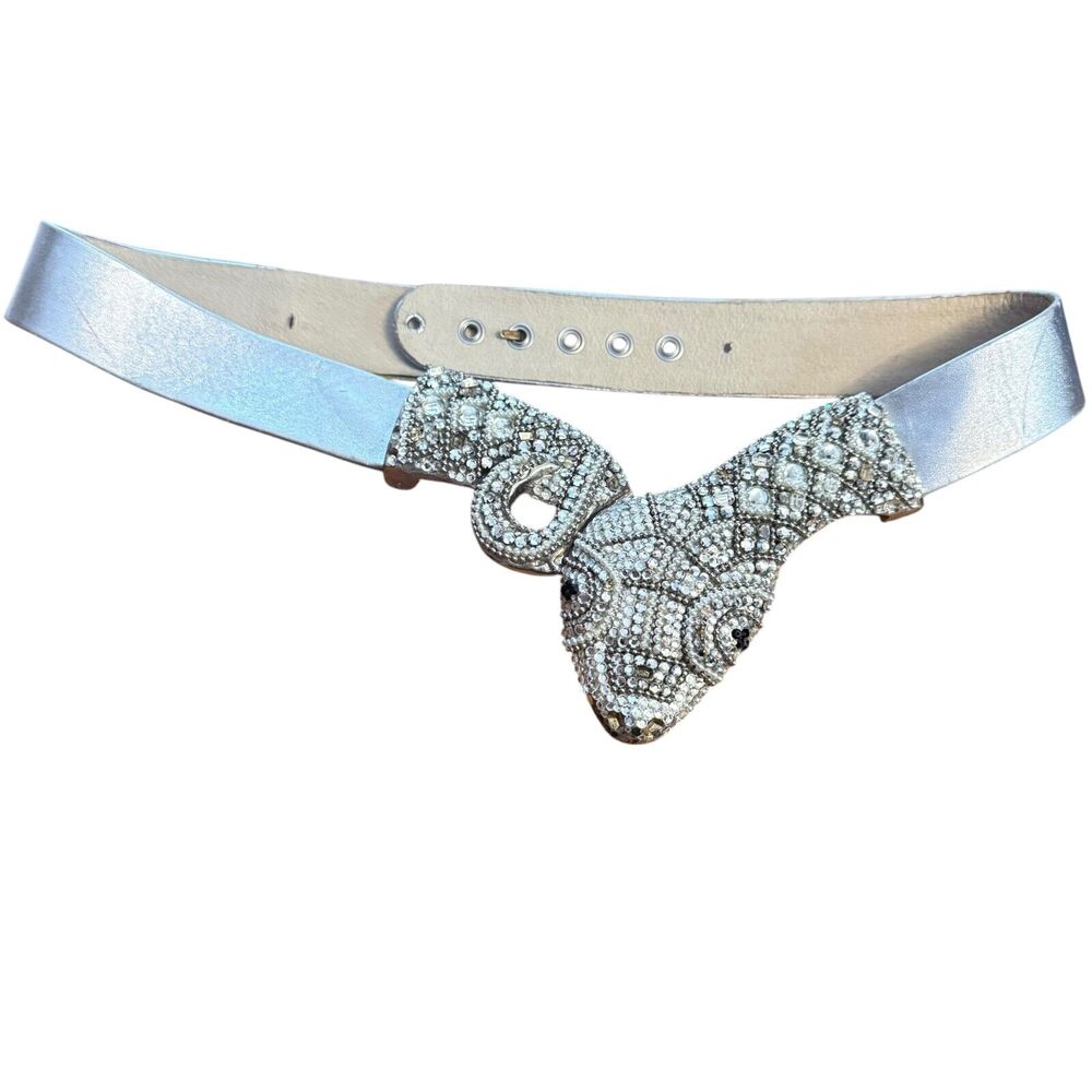 Henryks Bijoux Women Silver Leather Belt Rhinestone Snake Vintage Handmade 32-36